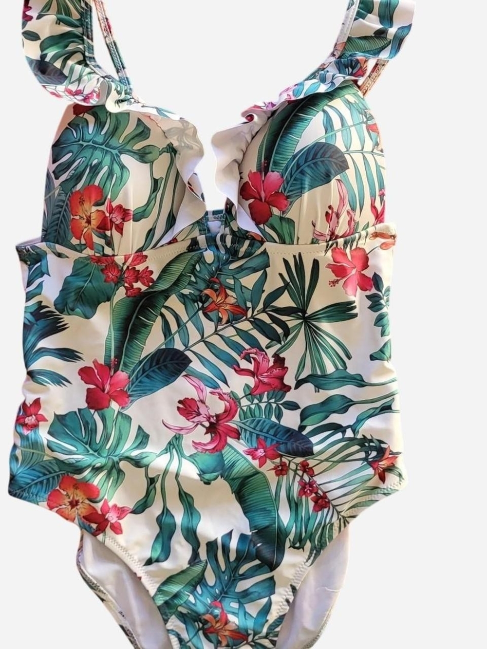 Floral Tropical Print One-Piece Swimsuit - White/Green/Pink